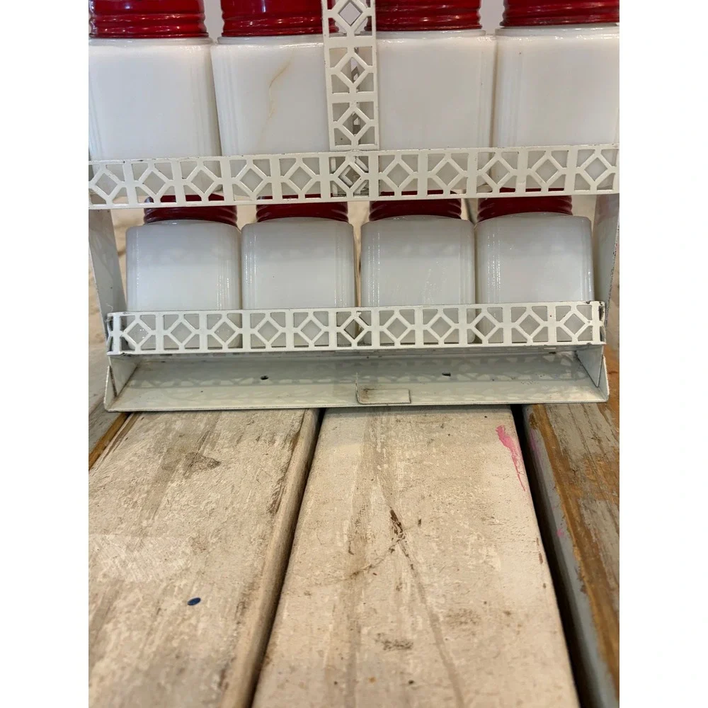 Vintage TIPP USA Milk Glass Spice Jar Set 8pc Red Lids Floral Basket Rack